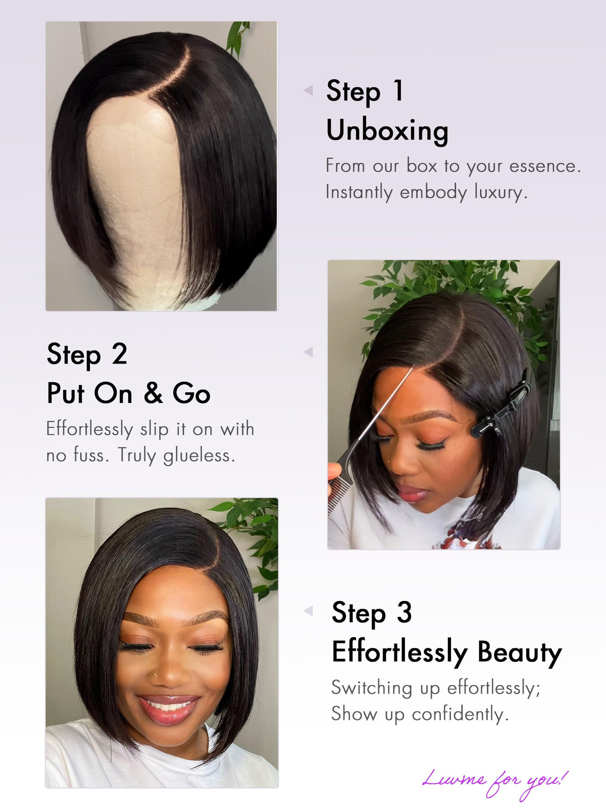 LUVME HAIR 8'' Blunt Cut Bob Wig showing adjustable straps