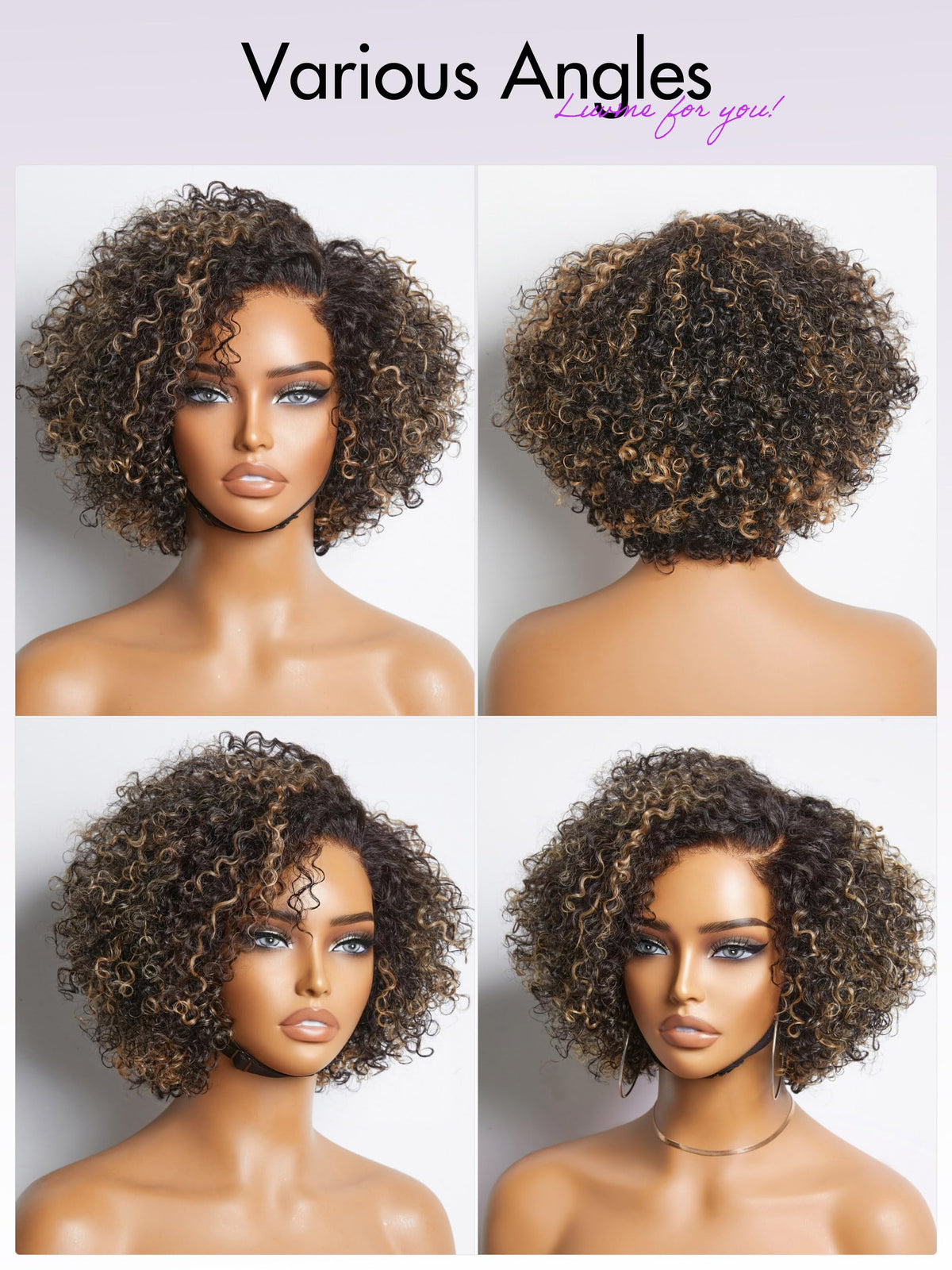 LUVME HAIR 8 Inch Blonde Highlight Curly Wig styled on mannequin