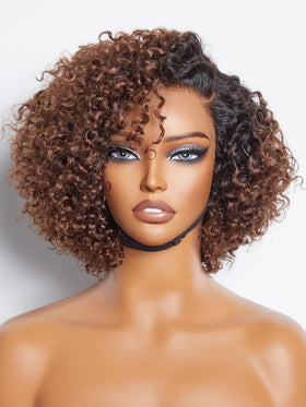 LUVME HAIR 8 Inch Pixie Cut Kinky Curly Ombre Brown Wig front view