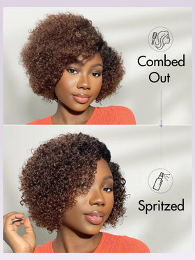LUVME HAIR 8 Inch Pixie Cut Kinky Curly Ombre Brown Wig styled with accessories