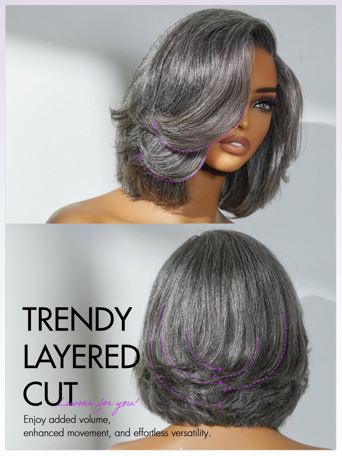 LUVME HAIR Salt & Pepper Layered Bob Wig close-up of lace front