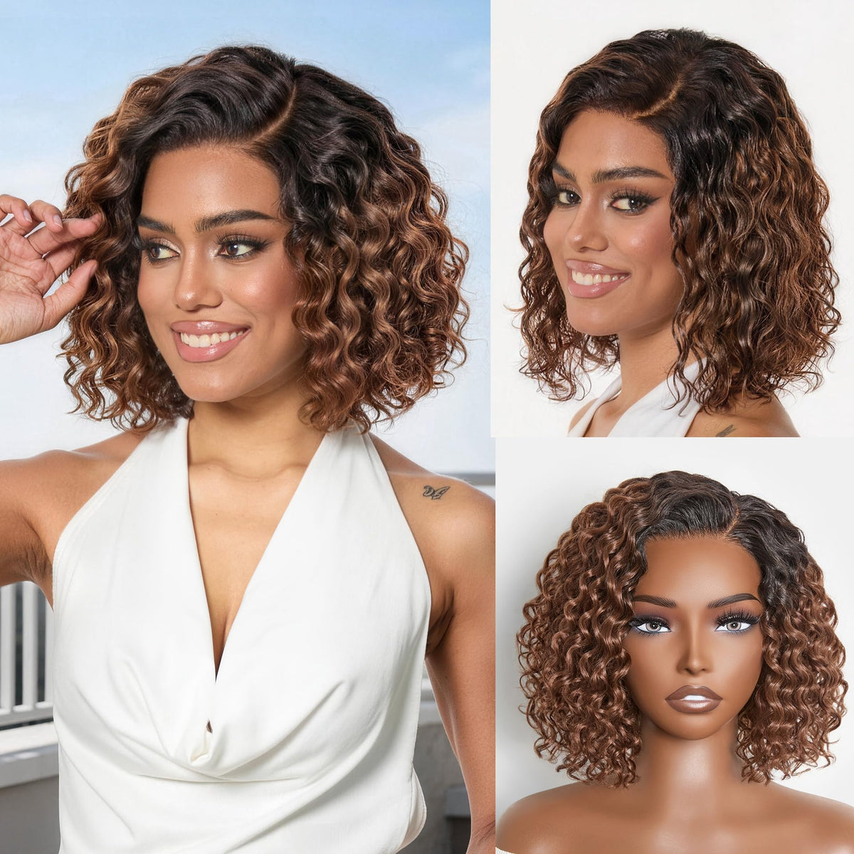 LUVME HAIR Water Wave Pixie Cut Ombre Brown Wig front view