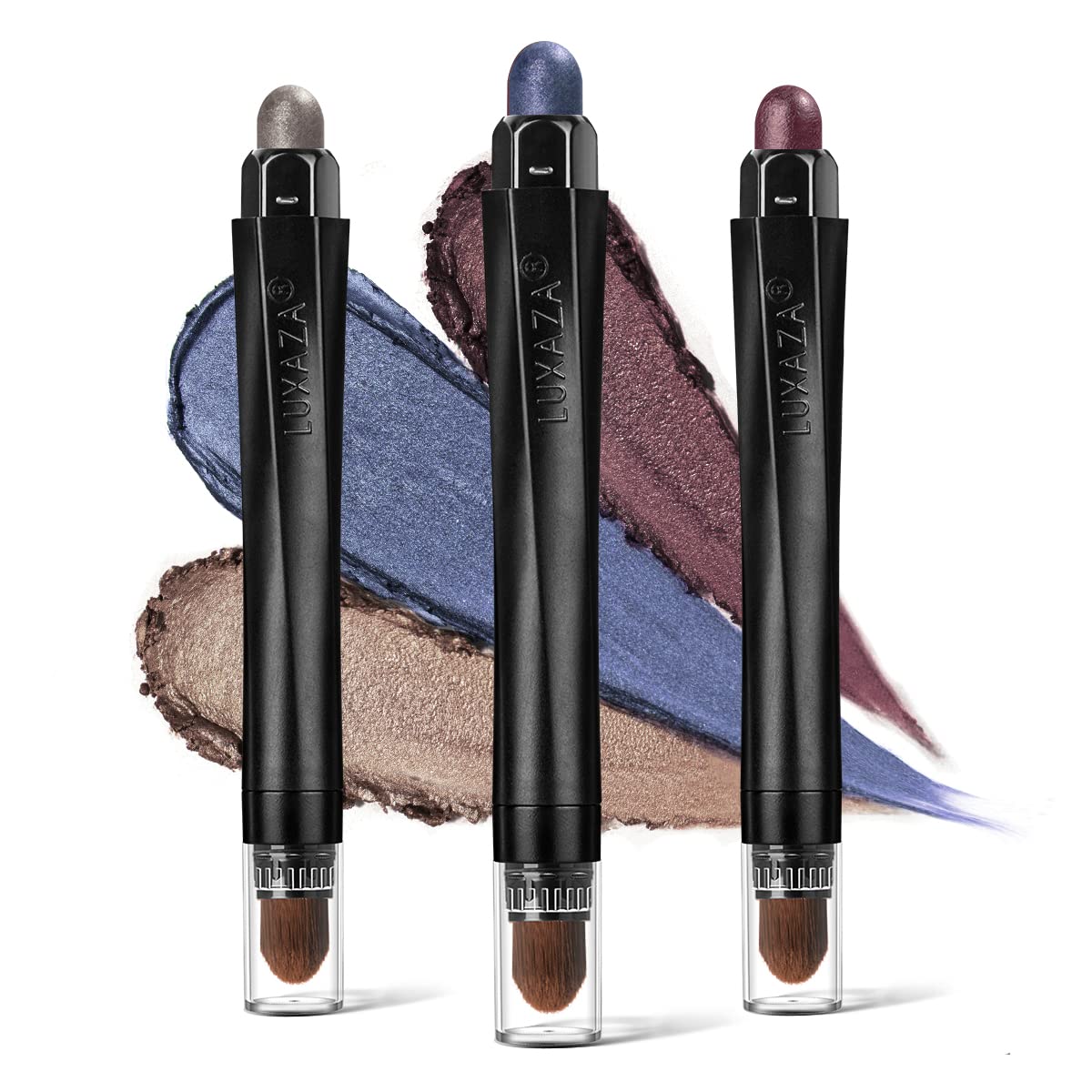 LUXAZA Cream Eyeshadow Stick Set with taupe, blue, and burgundy shades