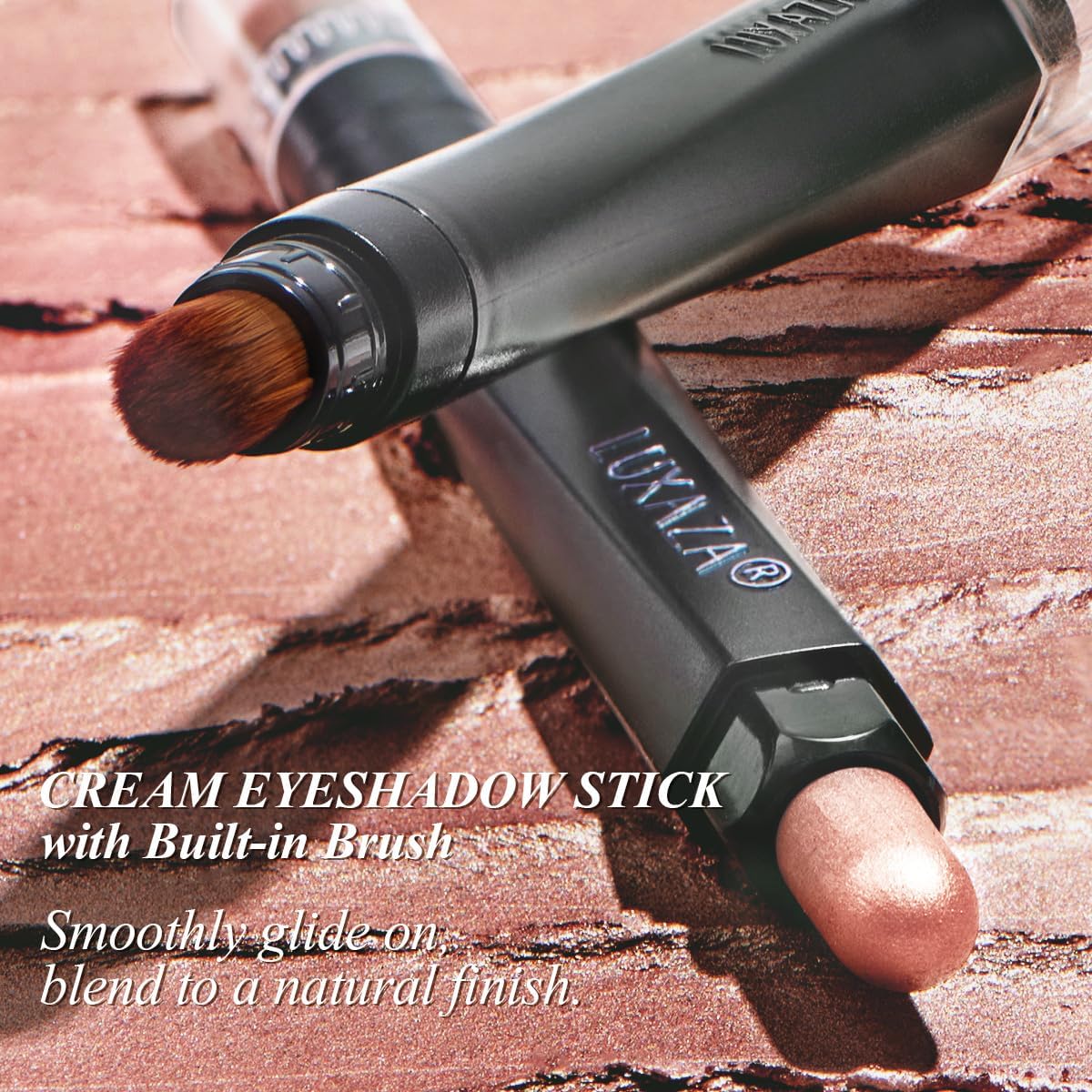 LUXAZA PRO eyeshadow sticks in neutral shades on a vanity