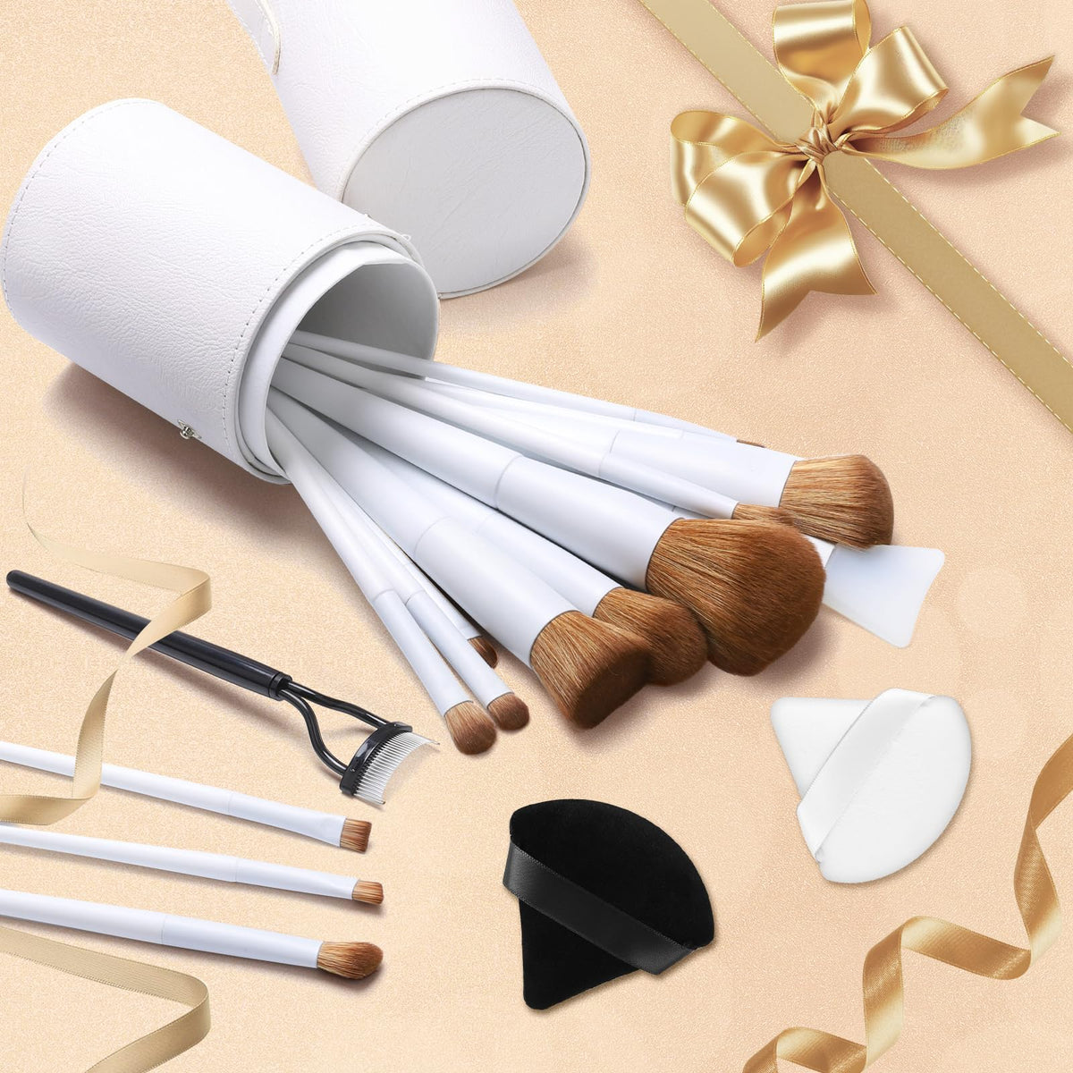 LUXBRU makeup brush set with 2 powder puffs included