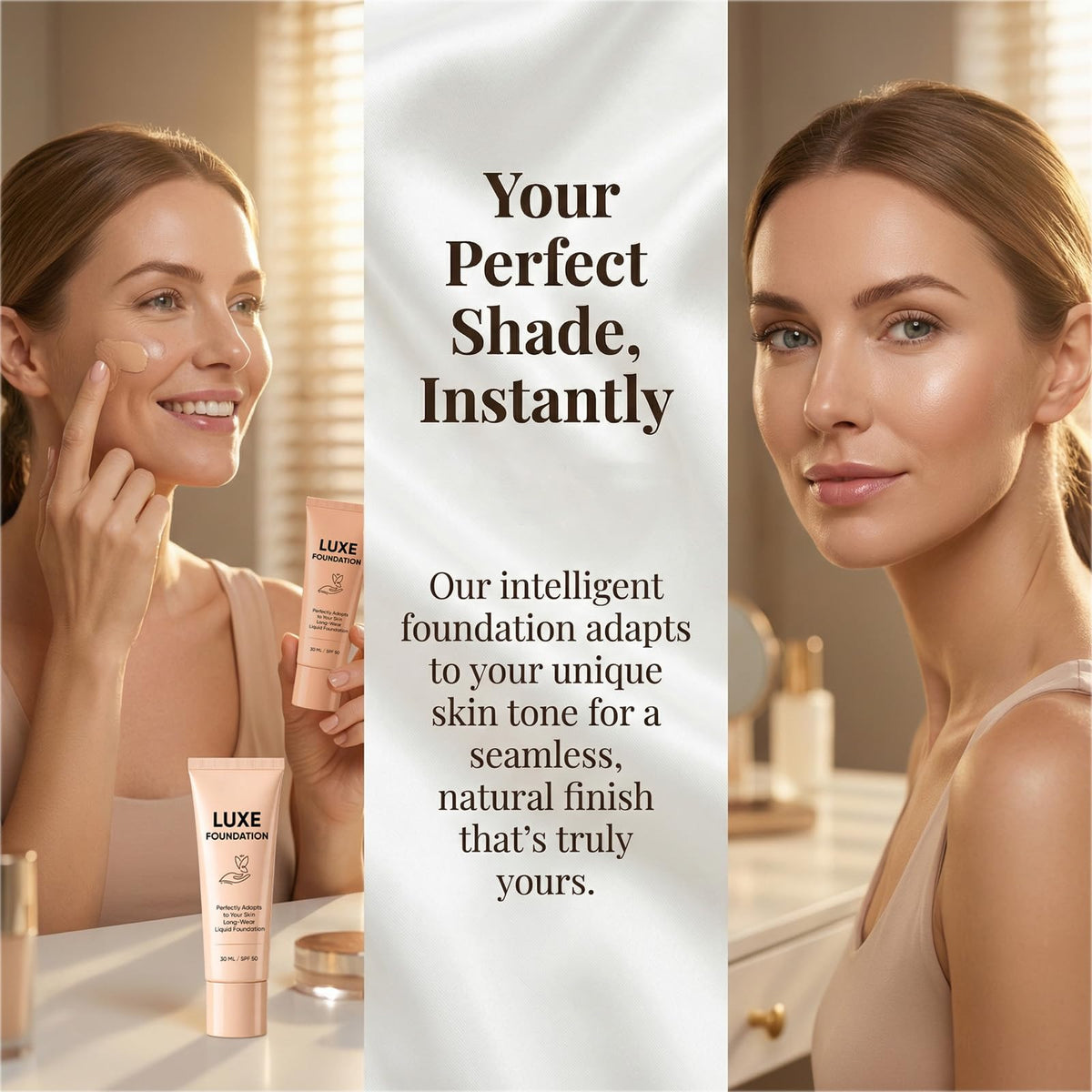 LUXE FOUNDATION Color Changing Foundation on a makeup table