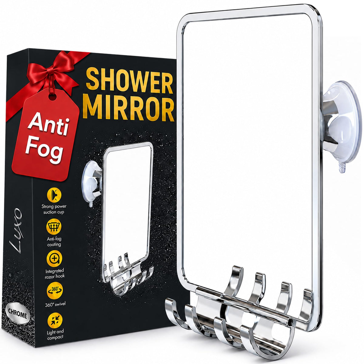 Luxo Shower Mirror front view with chrome finish