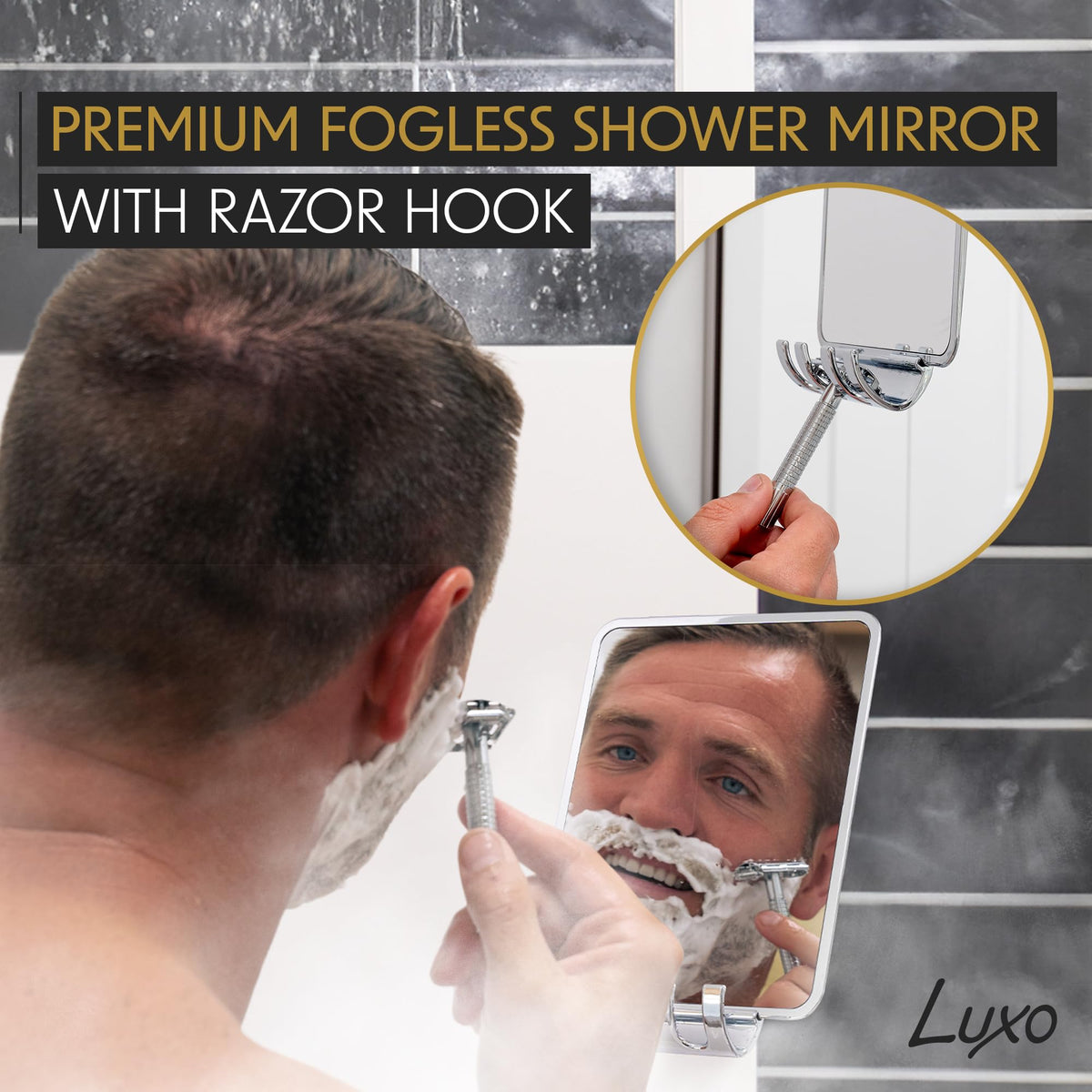Luxo Shower Mirror showing anti-fog coating