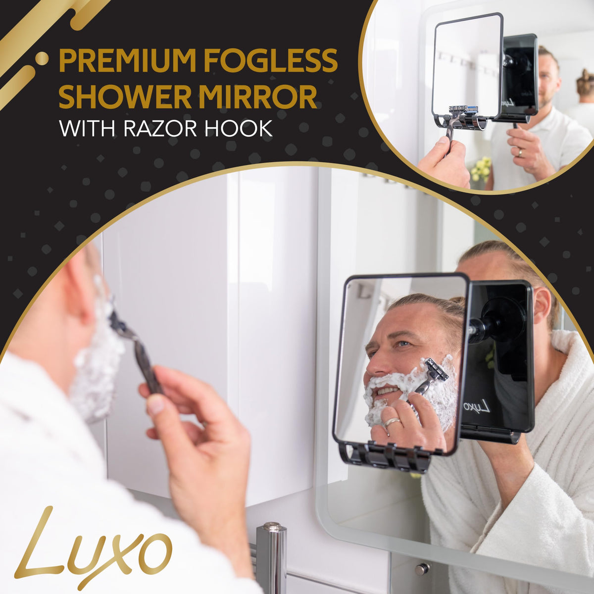 Luxo Shower Mirror side view showing powerful suction cup