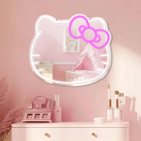 LUXUOSA Neon Sign Mirror in pink with cat motif front view