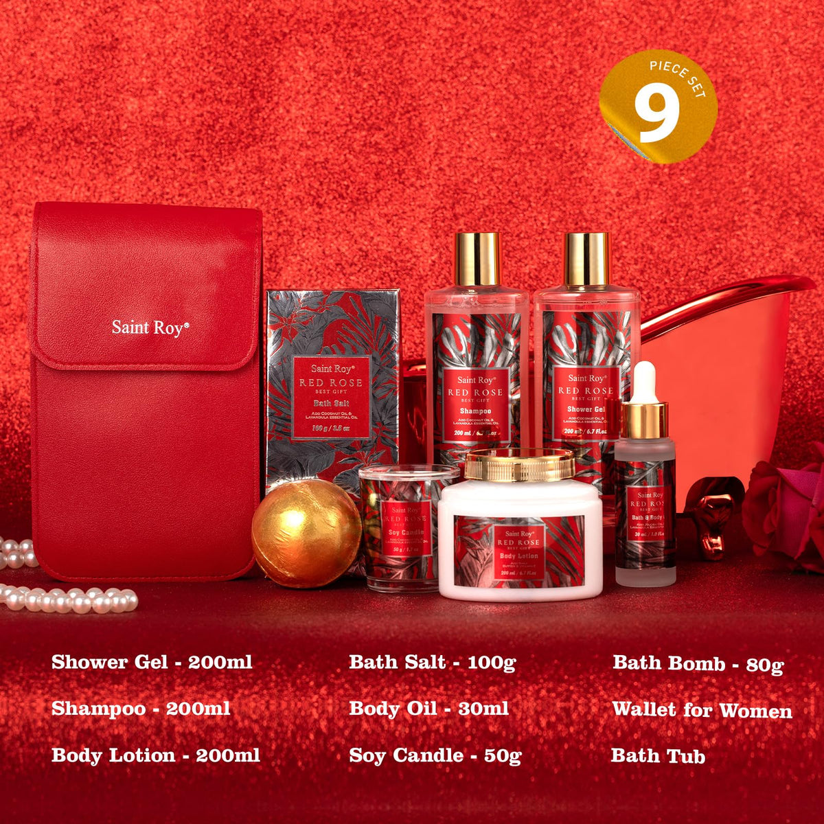 Luxury bath essentials including shower gel and body lotion