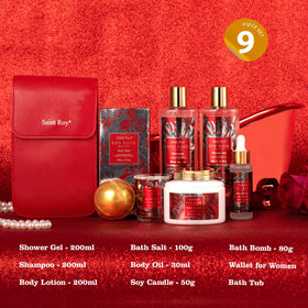 Luxury bath essentials including shower gel and body lotion