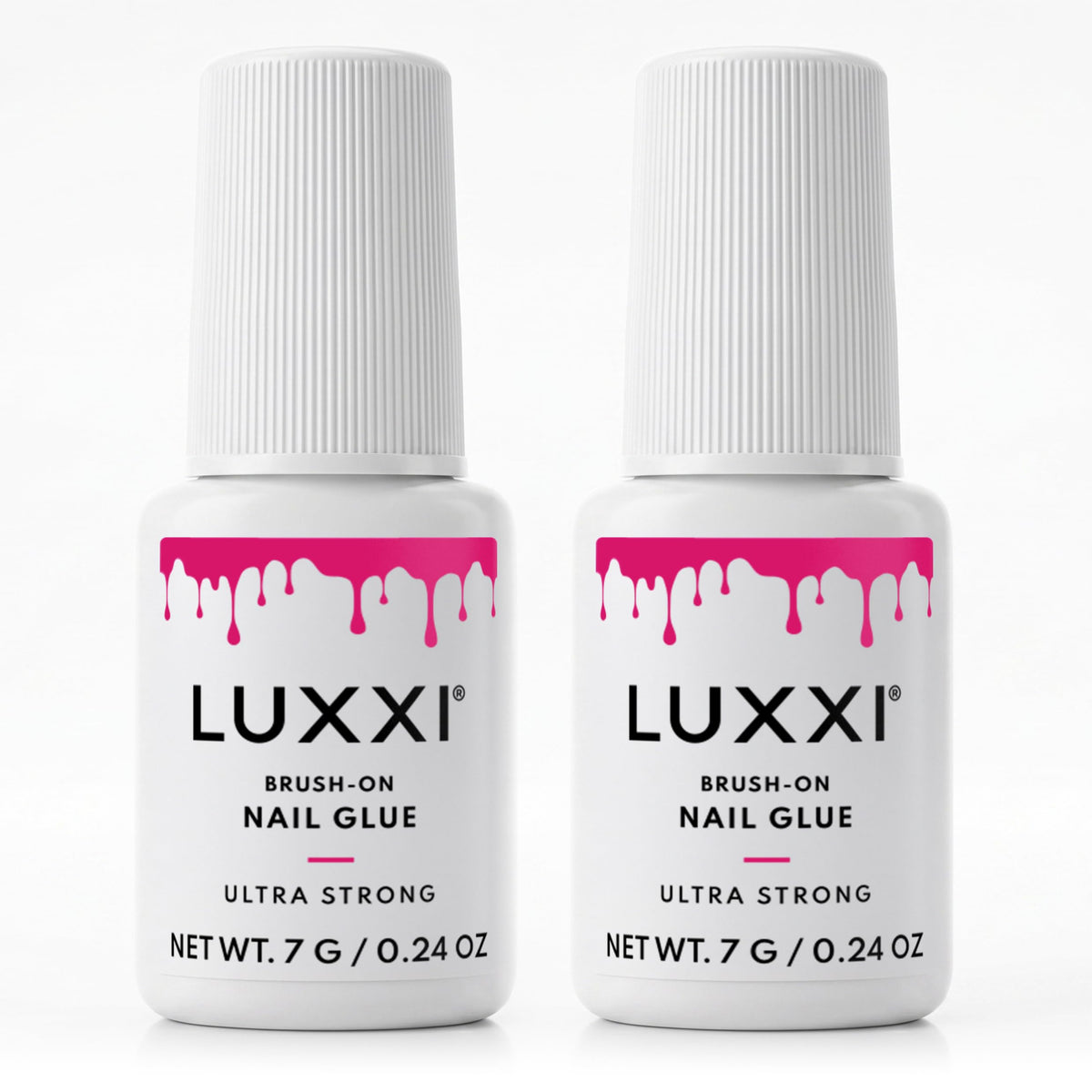 LUXXI Brush On Nail Glue 2-Pack front view with pink gel formula