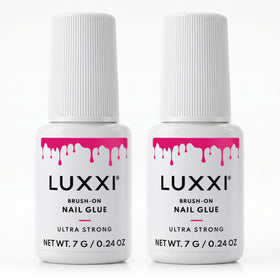 LUXXI Brush On Nail Glue 2-Pack front view with pink gel formula