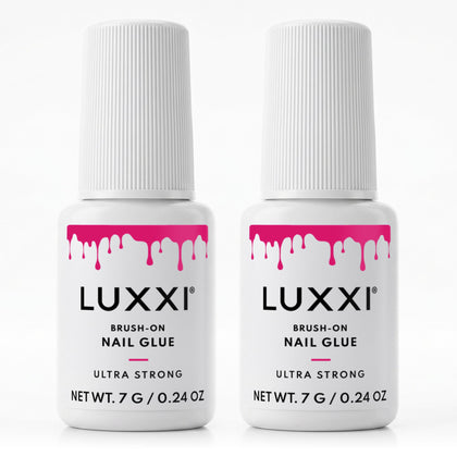 LUXXI Brush On Nail Glue 2-Pack front view with pink gel formula