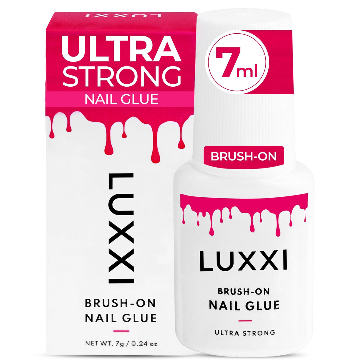 LUXXI Brush On Nail Glue 2-Pack set on a vanity