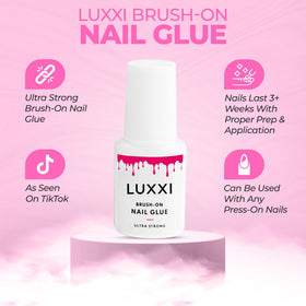 LUXXI Brush On Nail Glue with various nail styles