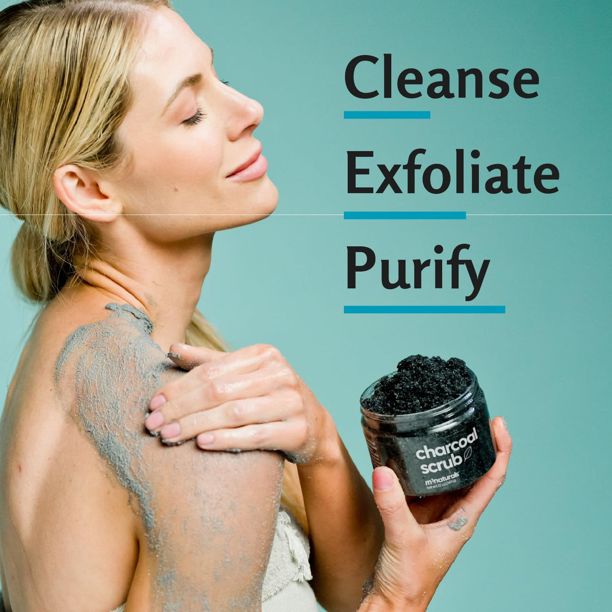 M3 Naturals Exfoliating Charcoal Scrub in bathroom setting