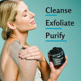 M3 Naturals Exfoliating Charcoal Scrub in bathroom setting