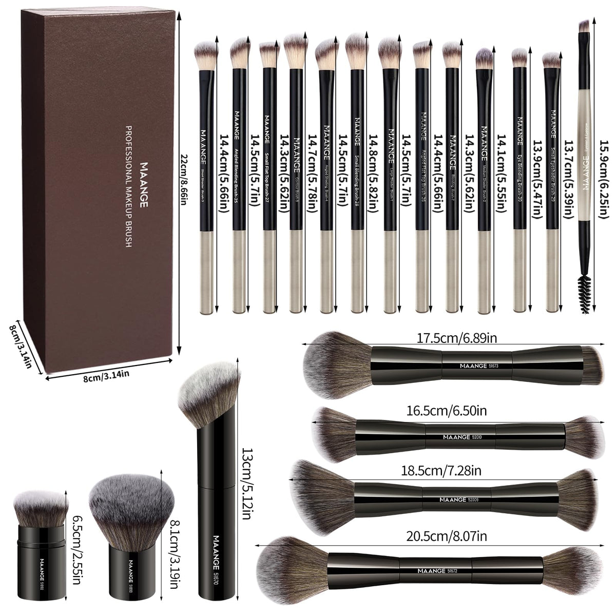 MAANGE makeup brushes displayed on a vanity