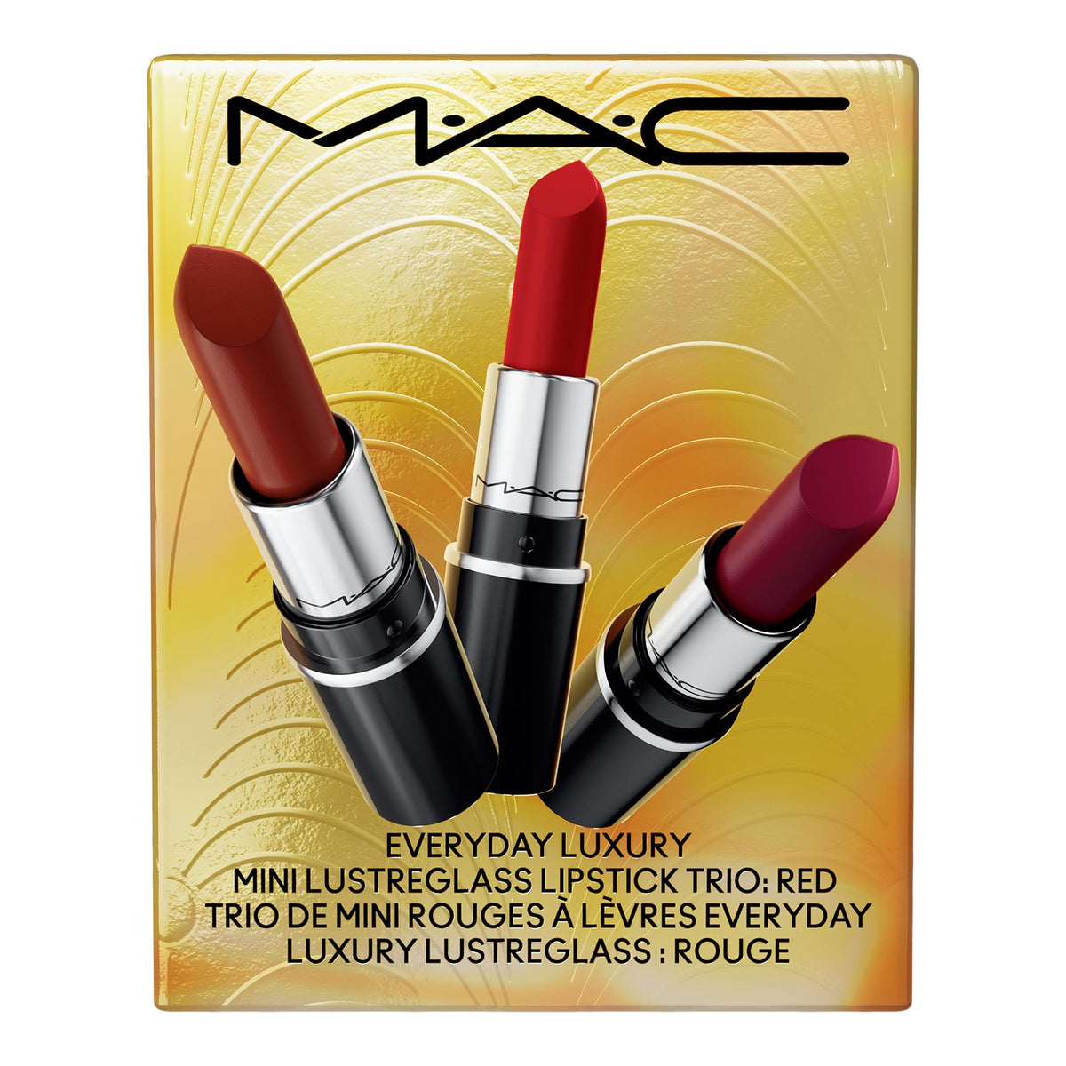 MAC Mini Lustreglass Lipstick Trio displayed with festive decor