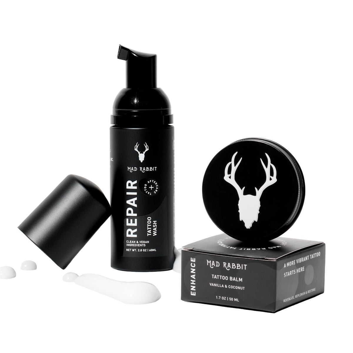 Mad Rabbit Tattoo Aftercare Kit packaging with balm and foam soap