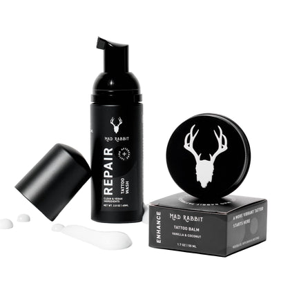 Mad Rabbit Tattoo Aftercare Kit packaging with balm and foam soap
