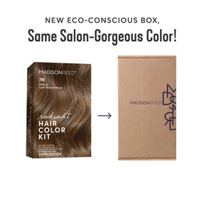 Madison Reed Radiant Hair Color Kit 7N Light Neutral Brown on a bathroom counter