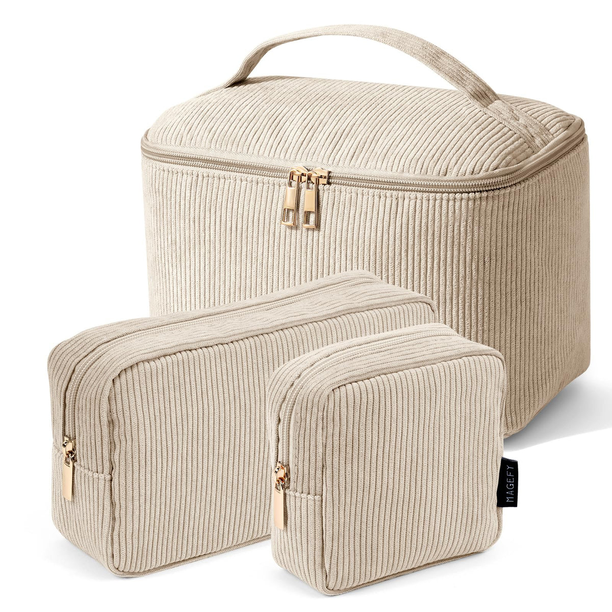 MAGEFY 3 pcs makeup bag set in beige with handle