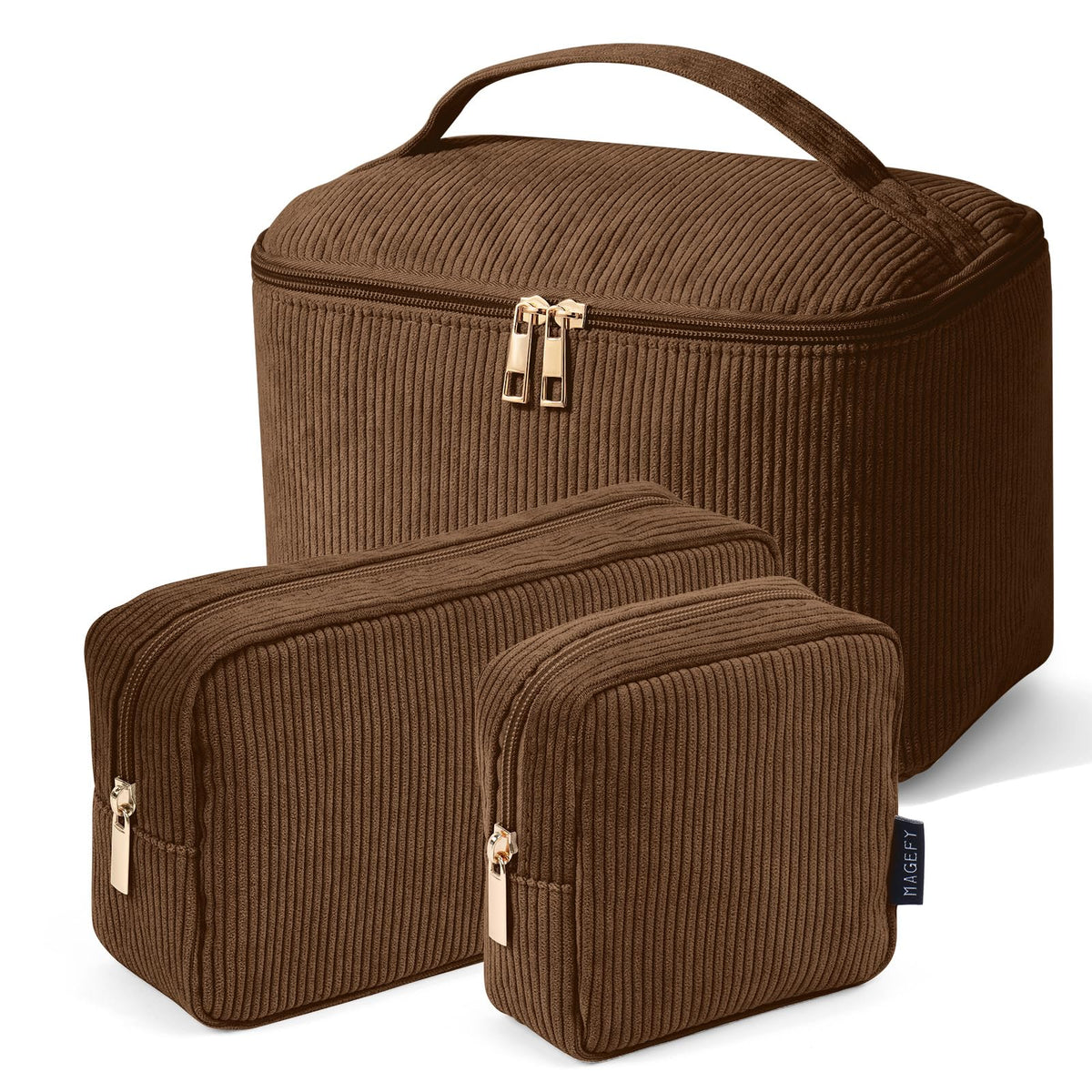 MAGEFY 3-piece makeup bag set in brown corduroy front view