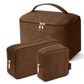 MAGEFY 3-piece makeup bag set in brown corduroy front view