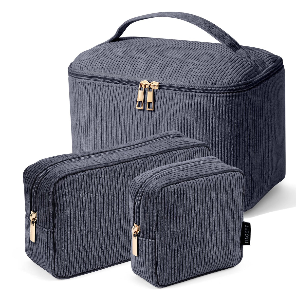 MAGEFY 3-piece makeup bag set in grey, front view
