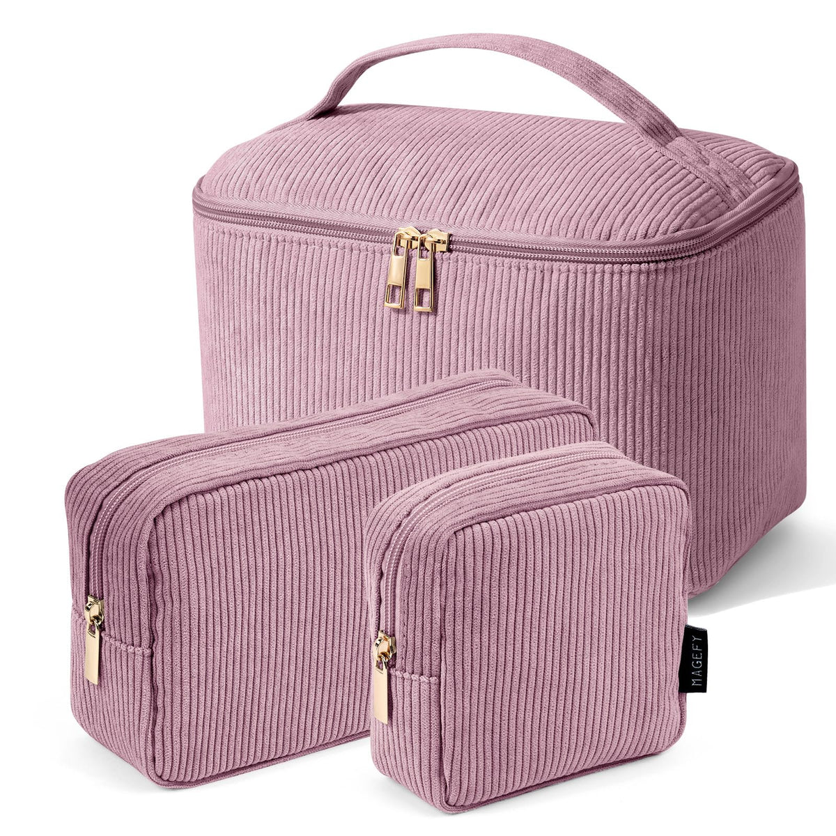 MAGEFY Makeup Bag Set three bags in pink corduroy