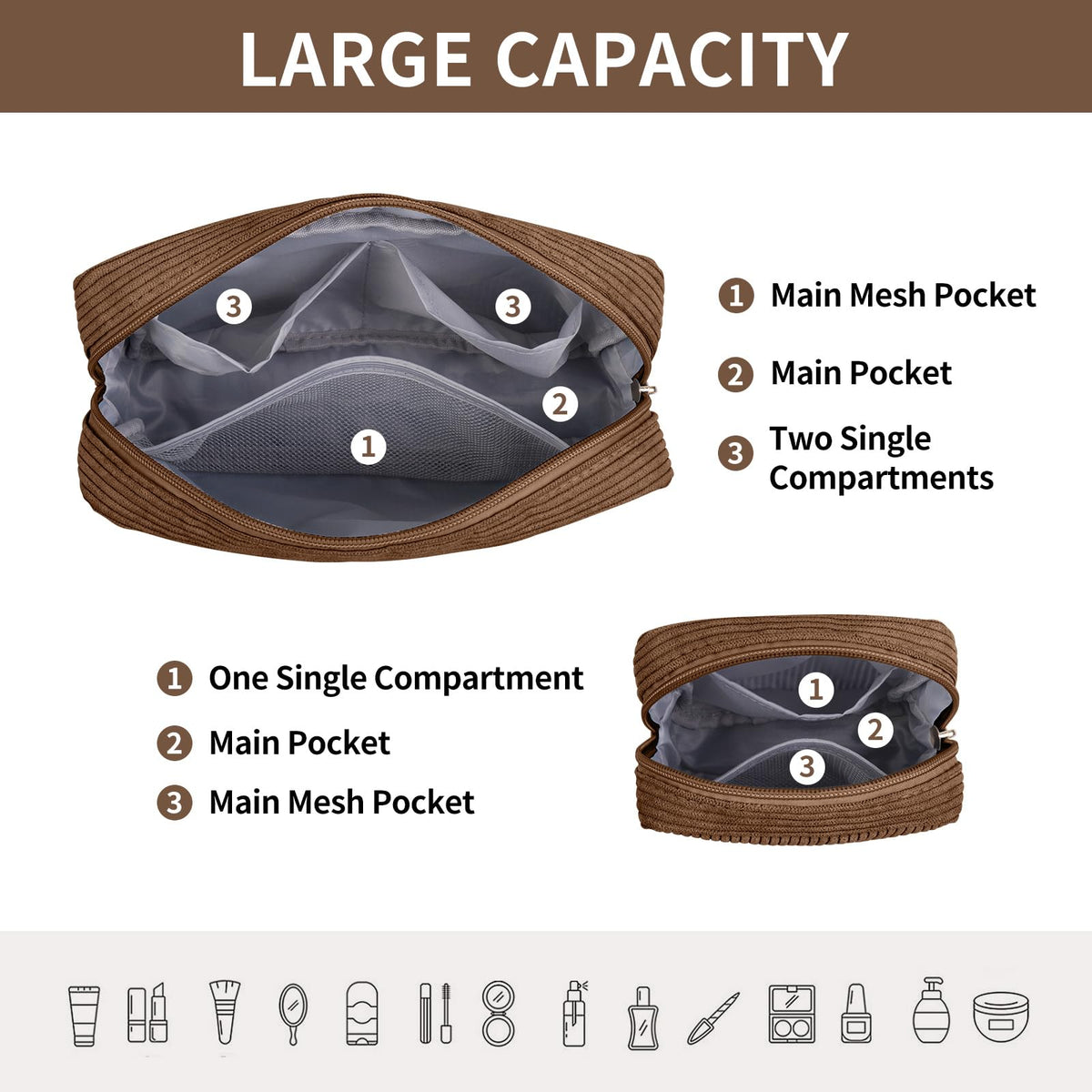 MAGEFY Small Makeup Bag dimensions displayed