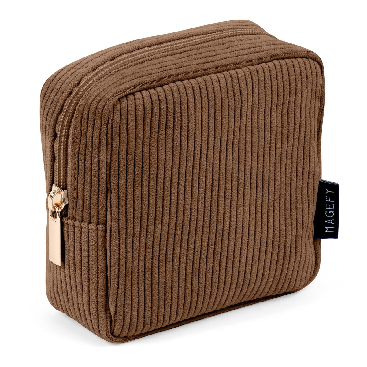MAGEFY Small Makeup Bag front view in brown corduroy