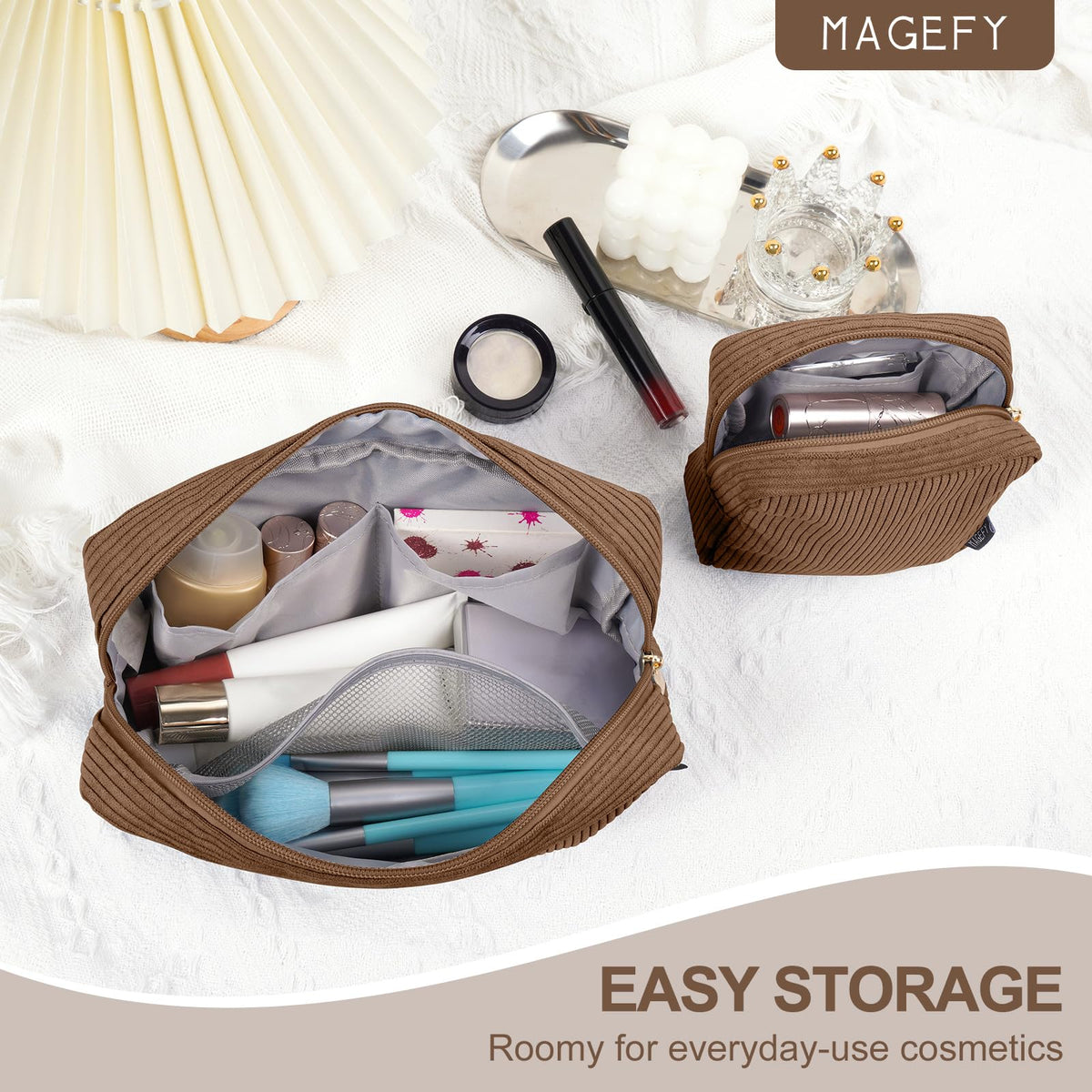 MAGEFY Small Makeup Bag lifestyle scene with cosmetics