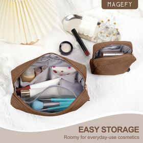 MAGEFY Small Makeup Bag lifestyle scene with cosmetics