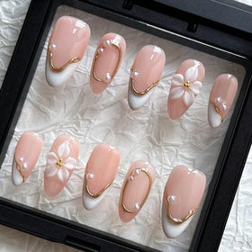 MAGLFELL Press On Nails Almond shape with 3D white pearl design