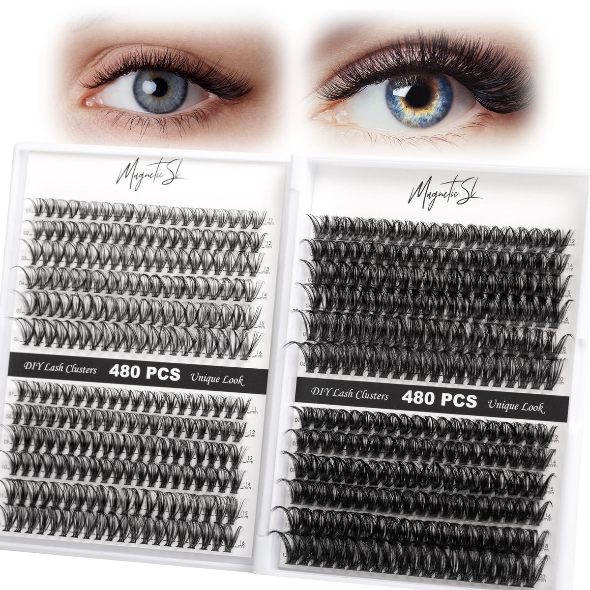 Magnetic SL Lash Clusters 480pcs front view with various lengths