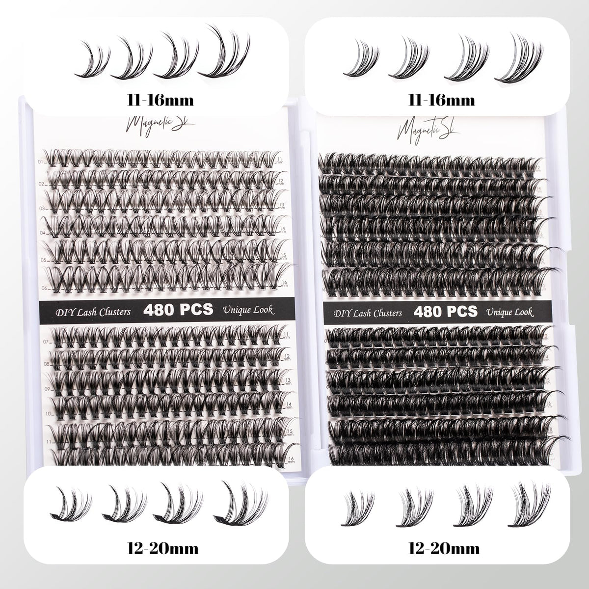 Magnetic SL Lash Clusters tray displaying four unique styles