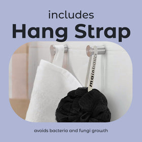 MainBasics loofah set arranged on a bathroom shelf