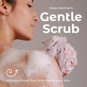 MainBasics loofah showing rich lather with body wash