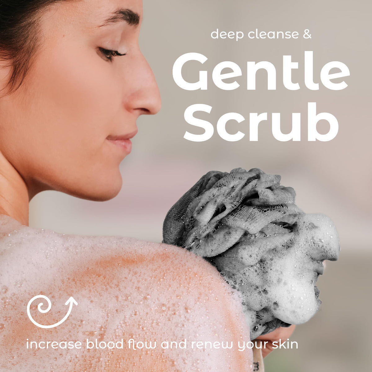 MainBasics loofah showing rich lather with body wash
