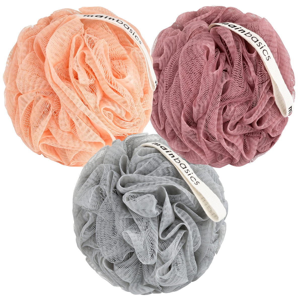 MainBasics Shower Loofah Sponge Pouf Set of 3 in coral reef colours