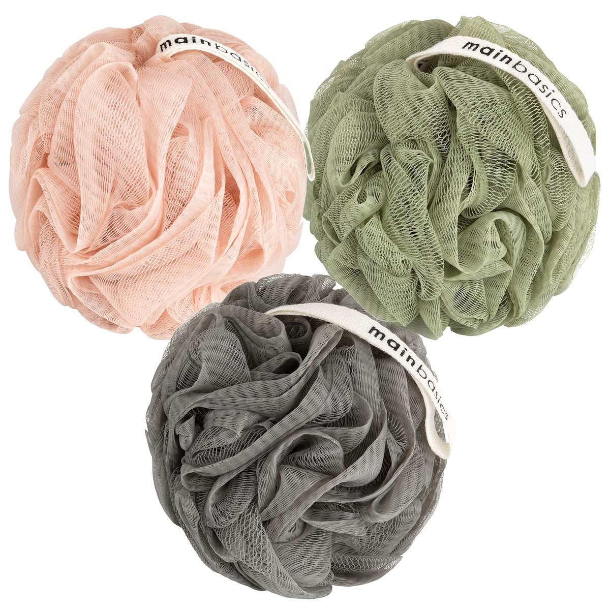 MainBasics Shower Loofah Sponge Pouf Set of 3 in earthy tones