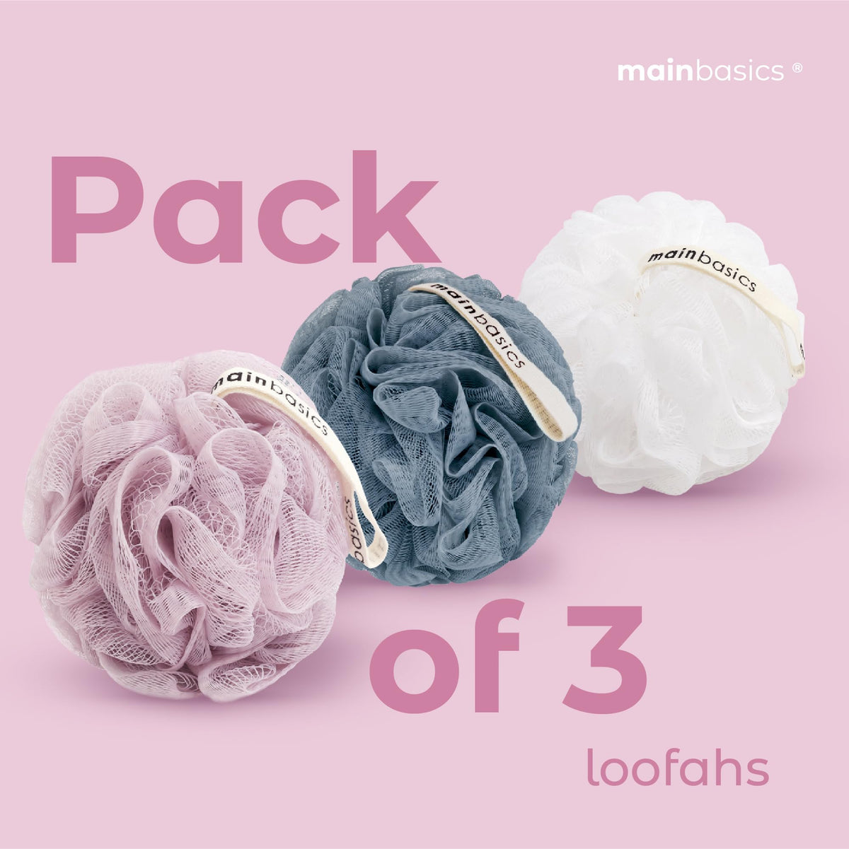 MainBasics Shower Loofah Sponge Pouf Set packaging
