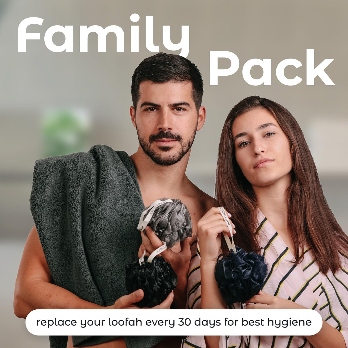 MainBasics Shower Loofah Sponge Pouf Set packaging