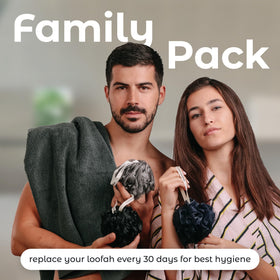 MainBasics Shower Loofah Sponge Pouf Set packaging