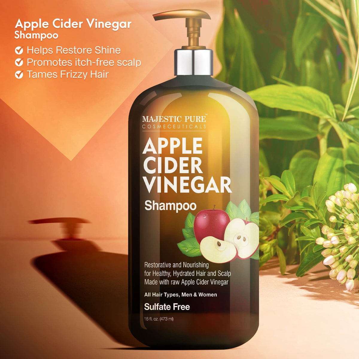 Majestic Pure Apple Cider Vinegar Shampoo with fresh apples