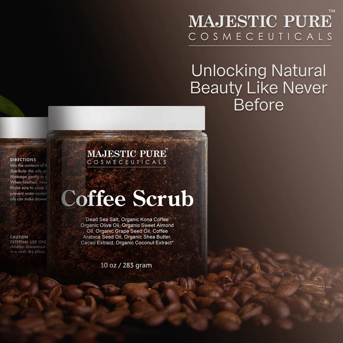 Majestic Pure Arabica Coffee Scrub on a wooden surface